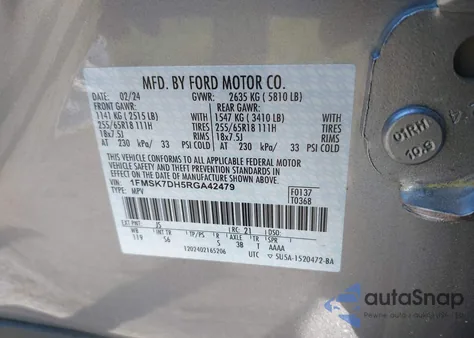 2024 Ford Explorer Xlt из США, поврежденный, VIN 1FMSK7DH5RGA42479